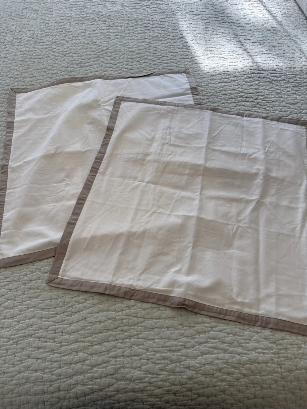 Pair of Serena & Lily White Euro Shams with Taupe Border